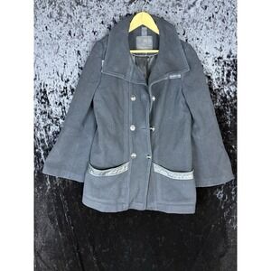 Mackage Wool Blend Button Front Leather Trim Collar Over Coat Jacket Womens L